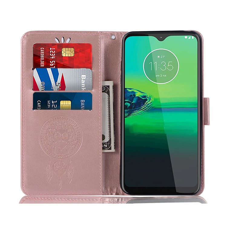 Imprint Dream Catcher Owl Wallet Leather Flip Cover for Motorola Moto G8 Play/One Macro - Rose Gold-8