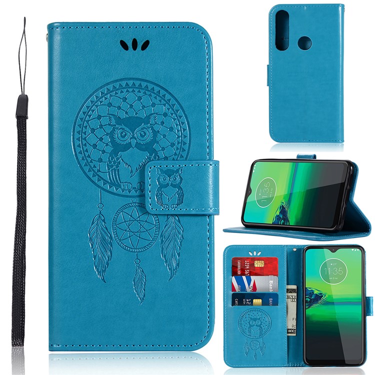 Imprint Dream Catcher Owl Wallet Leather Flip Cover for Motorola Moto G8 Play/One Macro - Blue-1