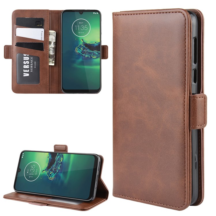 Leather Wallet Mobile Phone Case for Motorola Moto G8 Plus - Coffee-1