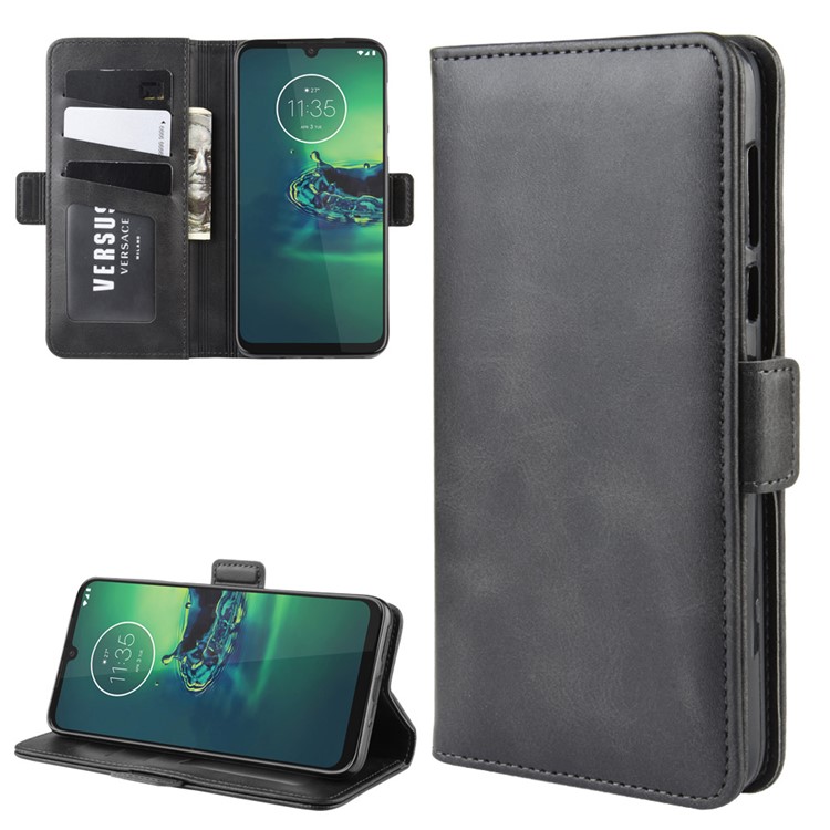 Leather Wallet Mobile Phone Case for Motorola Moto G8 Plus - Black-1