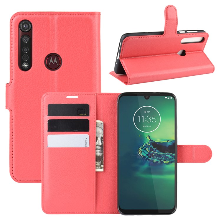 Litchi Skin Wallet Leather Stand Wallet Phone Covering Case for Motorola Moto G8 Plus - Red-1