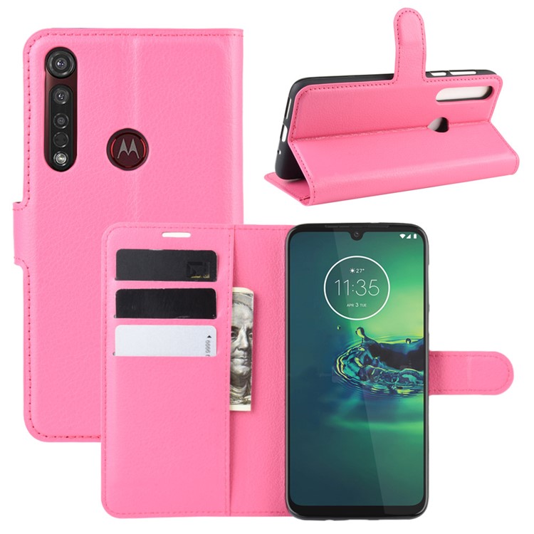 Litchi Skin Wallet Leather Stand Wallet Phone Covering Case for Motorola Moto G8 Plus - Rose-1
