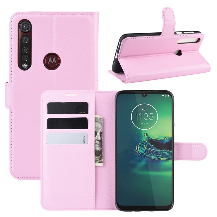 Litchi Skin Wallet Leather Stand Wallet Phone Covering Case for Motorola Moto G8 Plus - Pink-1