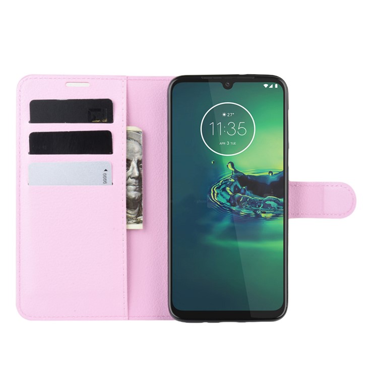 Litchi Skin Wallet Leather Stand Wallet Phone Covering Case for Motorola Moto G8 Plus - Pink-4