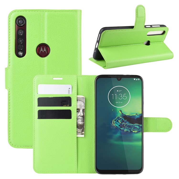 Litchi Skin Wallet Leather Stand Wallet Phone Covering Case for Motorola Moto G8 Plus - Green-1