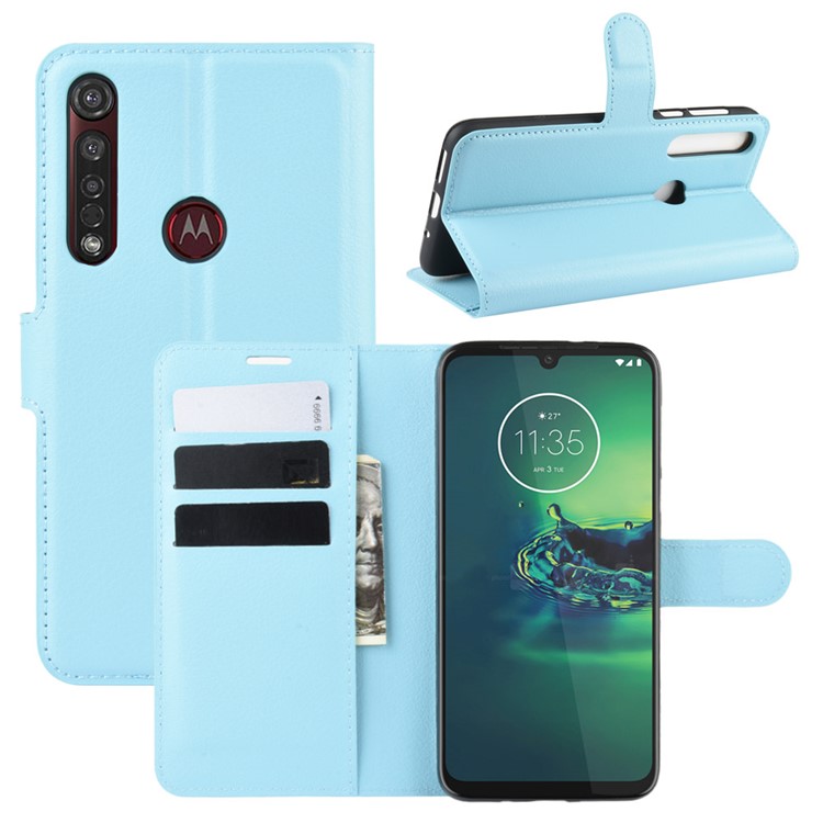 Litchi Skin Wallet Leather Stand Wallet Phone Covering Case for Motorola Moto G8 Plus - Baby Blue-1