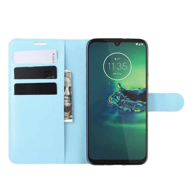 Litchi Skin Wallet Leather Stand Wallet Phone Covering Case for Motorola Moto G8 Plus - Baby Blue-4