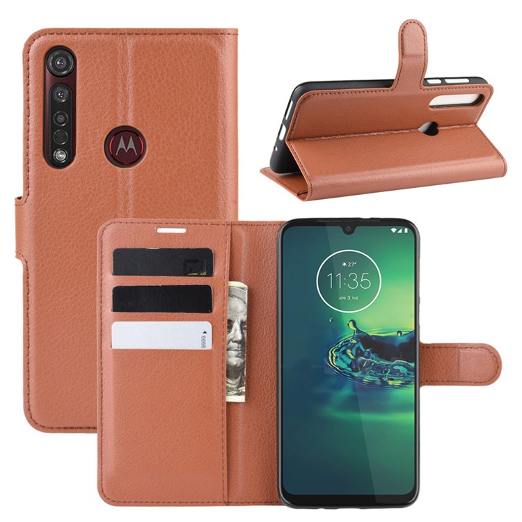 Litchi Skin Wallet Leather Stand Wallet Phone Covering Case for Motorola Moto G8 Plus - Brown-1