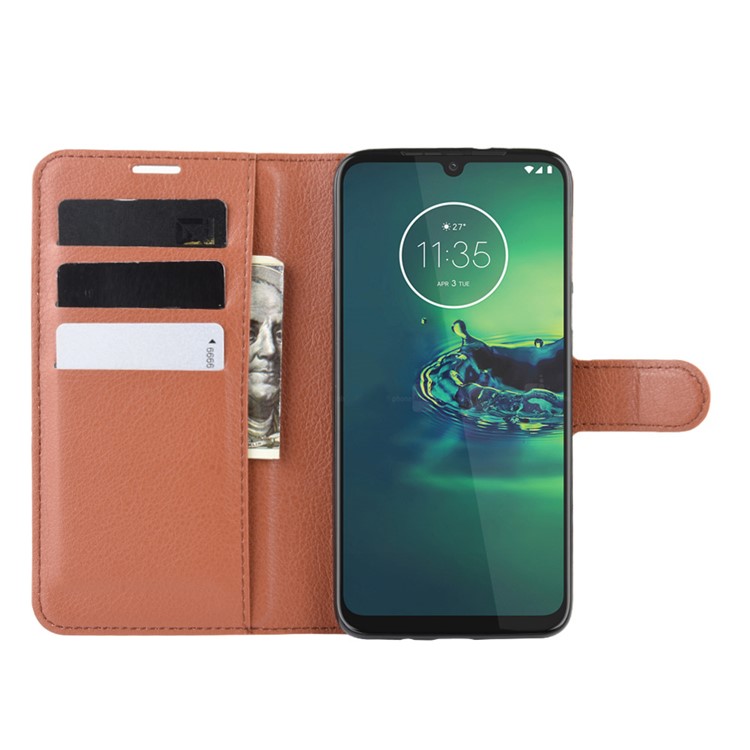 Litchi Skin Wallet Leather Stand Wallet Phone Covering Case for Motorola Moto G8 Plus - Brown-4