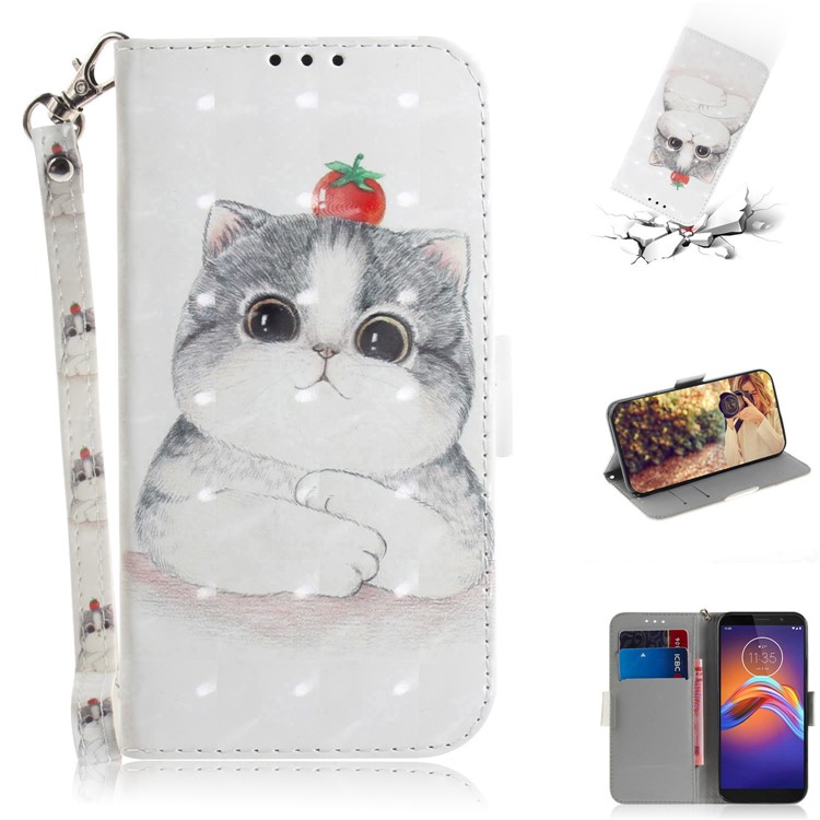 Pattern Printing Light Spot Decor Leather Wallet Case for Motorola Moto E6 Play - Cat Holding a Tomato-1