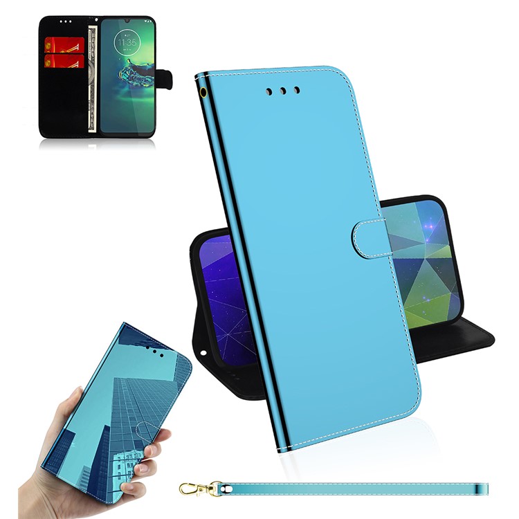Mirror-like Surface Flip Leather Wallet Stand Protective Case for Motorola Moto G8 Plus - Blue-1