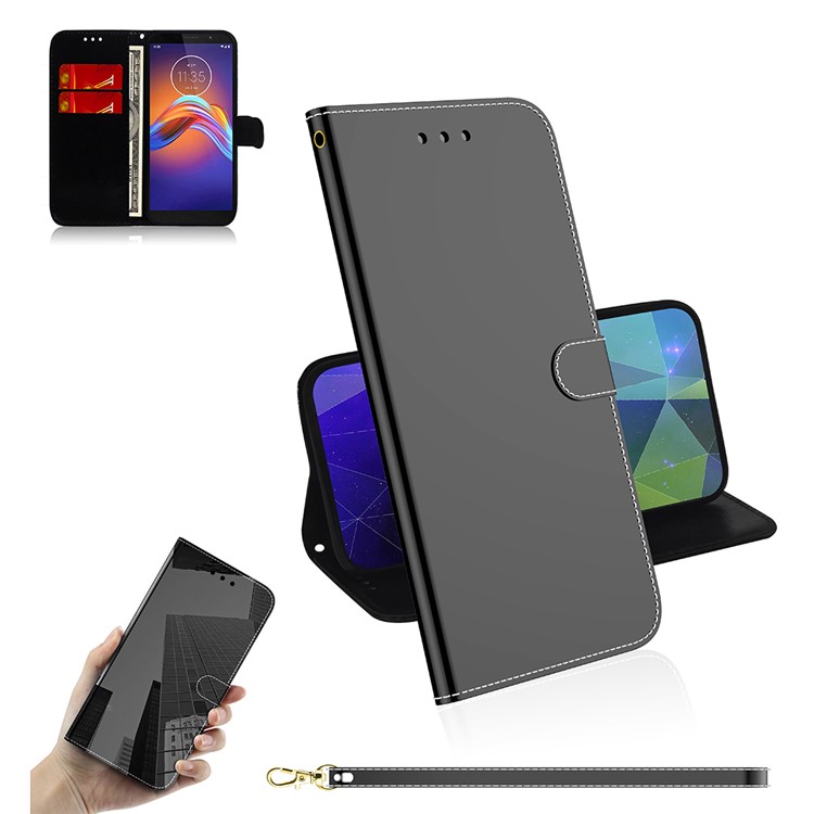 Mirror-like Surface Flip Leather Wallet Stand Phone Cover for Motorola Moto E6 Play - Black-1