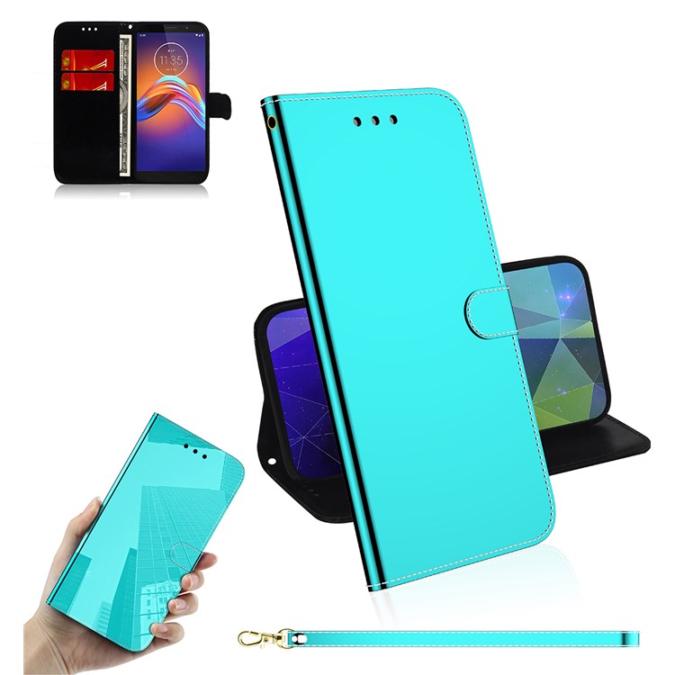 Mirror-like Surface Flip Leather Wallet Stand Phone Cover for Motorola Moto E6 Play - Cyan-1