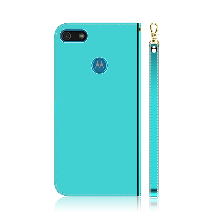 Mirror-like Surface Flip Leather Wallet Stand Phone Cover for Motorola Moto E6 Play - Cyan-3