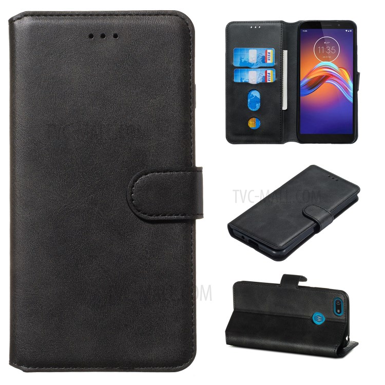 Leather Stand Phone Case Wallet Shell for Motorola Moto E6 Play - Black-1