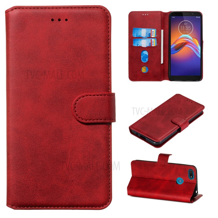 Leather Stand Phone Case Wallet Shell for Motorola Moto E6 Play - Red-1