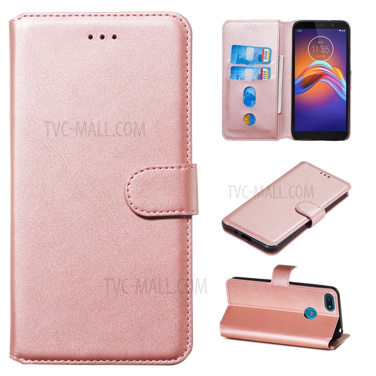 Leather Stand Phone Case Wallet Shell for Motorola Moto E6 Play - Rose Gold-1