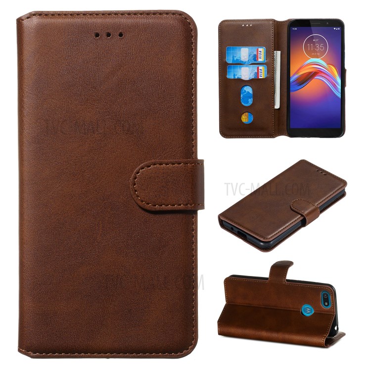 Leather Stand Phone Case Wallet Shell for Motorola Moto E6 Play - Brown-1