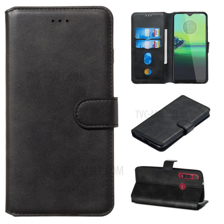 Leather Stand Case with Card Slots for Motorola Moto G8 Play / One Macro - Black-1