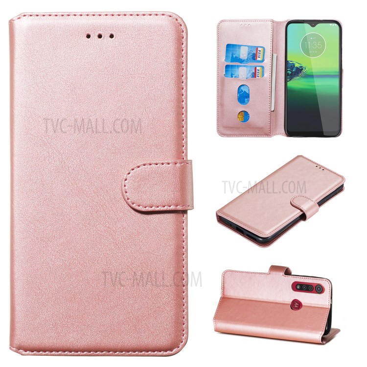 Leather Stand Case with Card Slots for Motorola Moto G8 Play / One Macro - Rose Gold-1