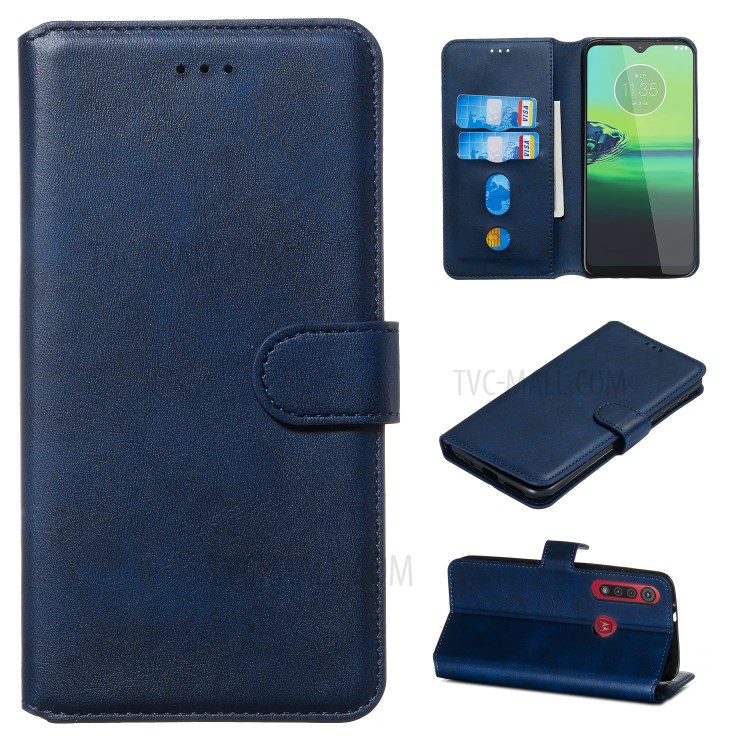 Leather Stand Case with Card Slots for Motorola Moto G8 Play / One Macro - Blue-1