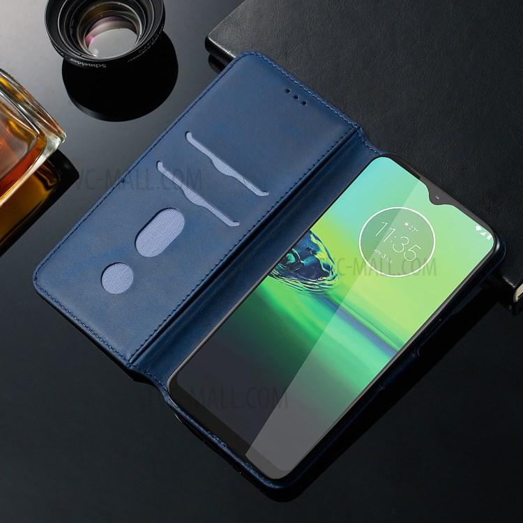 Leather Stand Case with Card Slots for Motorola Moto G8 Play / One Macro - Blue-16