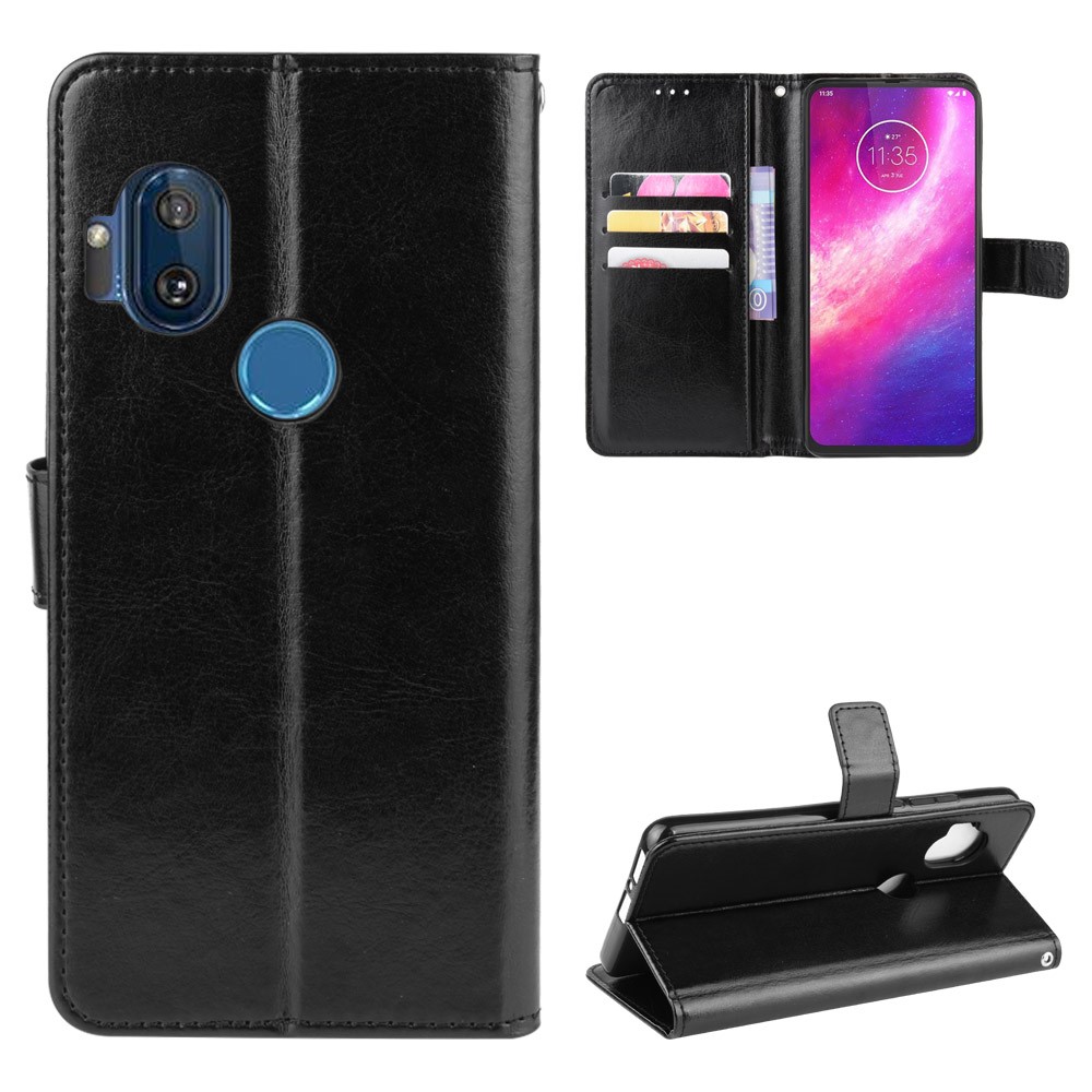 Crazy Horse Wallet Leather Case with Strap Shell for Motorola One Hyper - Black-1