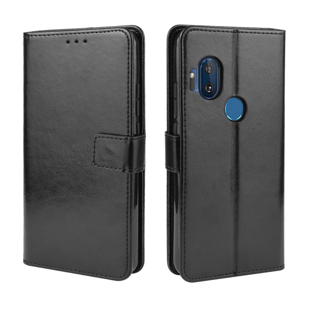 Crazy Horse Wallet Leather Case with Strap Shell for Motorola One Hyper - Black-2