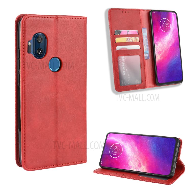 Auto-absorbed Vintage Leather Flip Case Shell for Motorola One Hyper - Red-1