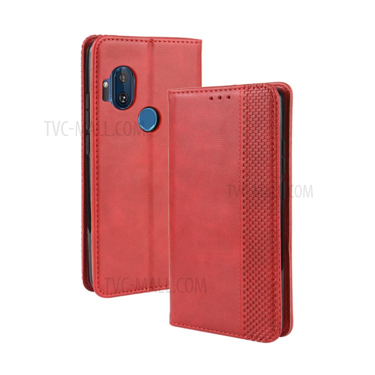 Auto-absorbed Vintage Leather Flip Case Shell for Motorola One Hyper - Red-2