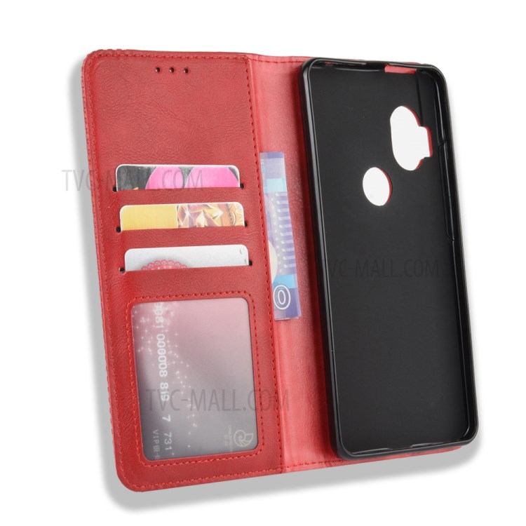 Auto-absorbed Vintage Leather Flip Case Shell for Motorola One Hyper - Red-4