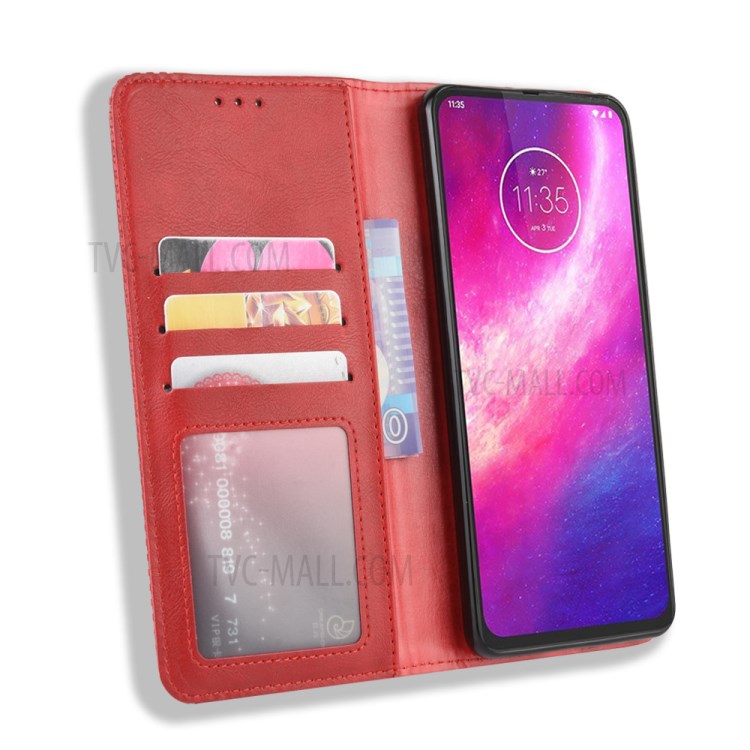 Auto-absorbed Vintage Leather Flip Case Shell for Motorola One Hyper - Red-5