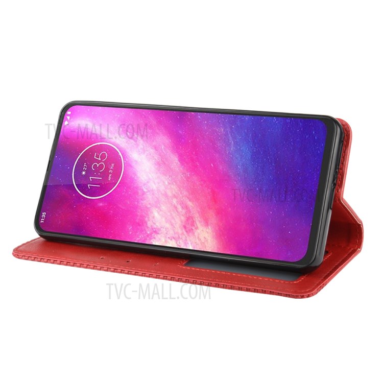 Auto-absorbed Vintage Leather Flip Case Shell for Motorola One Hyper - Red-6