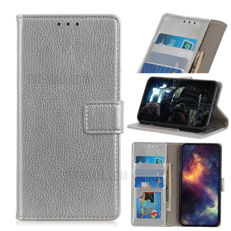Litchi Skin Leather Wallet Stand Case for Motorola Moto G8 Power - Silver-1