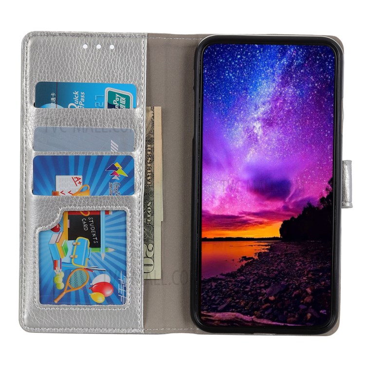 Litchi Skin Leather Wallet Stand Case for Motorola Moto G8 Power - Silver-6
