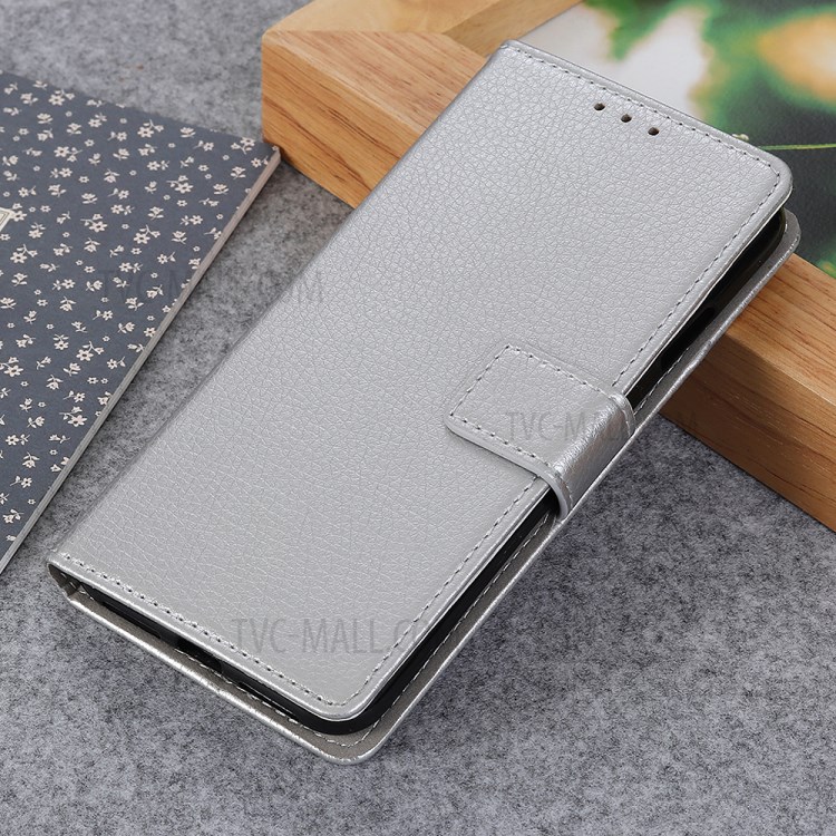 Litchi Skin Leather Wallet Stand Case for Motorola Moto G8 Power - Silver-9