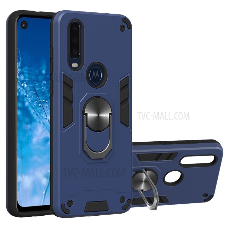 Magnetic Ring Kickstand PC TPU Hybrid Armor Phone Shell for Motorola P40 Power - Dark Blue-1