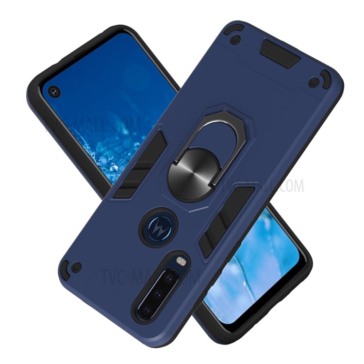 Magnetic Ring Kickstand PC TPU Hybrid Armor Phone Shell for Motorola P40 Power - Dark Blue-2