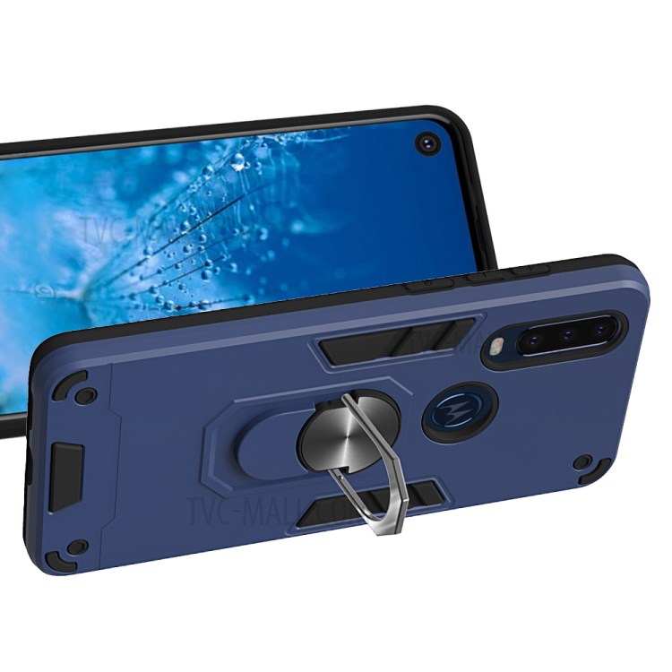 Magnetic Ring Kickstand PC TPU Hybrid Armor Phone Shell for Motorola P40 Power - Dark Blue-3