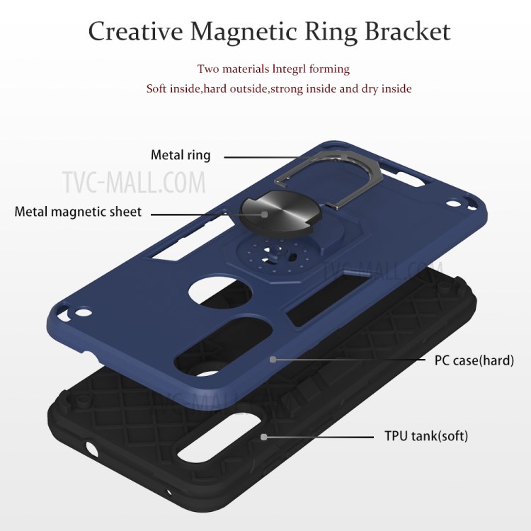 Magnetic Ring Kickstand PC TPU Hybrid Armor Phone Shell for Motorola P40 Power - Dark Blue-6