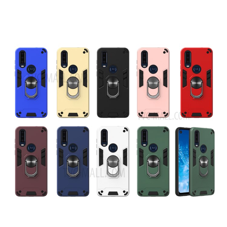 Magnetic Ring Kickstand PC TPU Hybrid Armor Phone Shell for Motorola P40 Power - Dark Blue-8