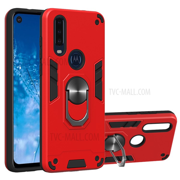 Magnetic Ring Kickstand PC TPU Hybrid Armor Phone Shell for Motorola P40 Power - Red-1