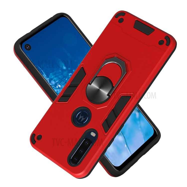 Magnetic Ring Kickstand PC TPU Hybrid Armor Phone Shell for Motorola P40 Power - Red-2