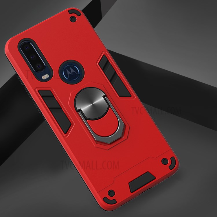 Magnetic Ring Kickstand PC TPU Hybrid Armor Phone Shell for Motorola P40 Power - Red-4
