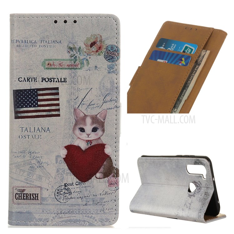 Pattern Printing Wallet Leather Phone Shell for Motorola Moto G Stylus - US Flag and Cat Holding Heart-1