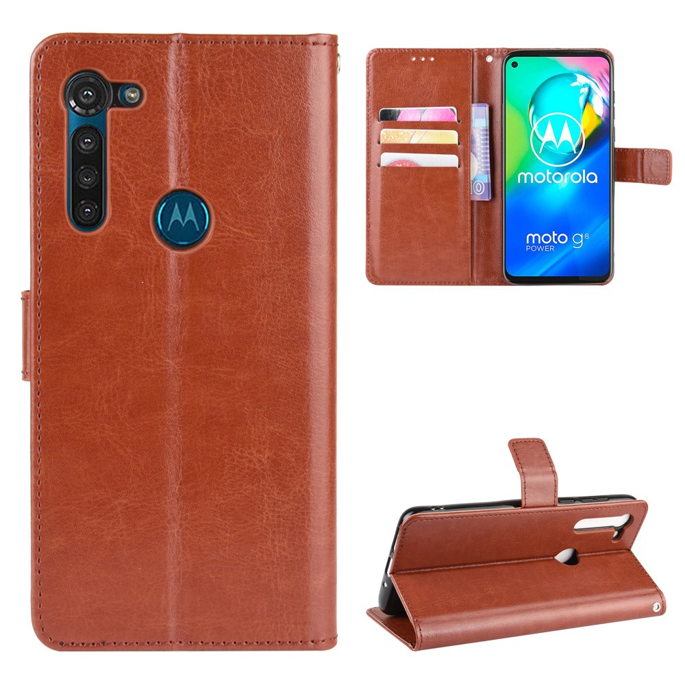 Crazy Horse Wallet Leather Cover with Strap for Motorola Moto G8 Power - Brown-1