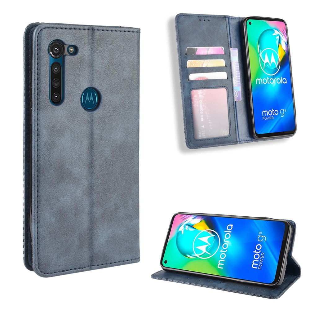 Vintage Style Magnetic Leather Wallet Phone Case for Motorola Moto G8 Power - Blue-1