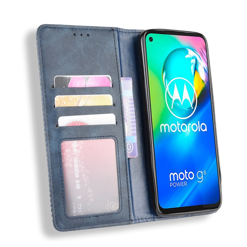 Vintage Style Magnetic Leather Wallet Phone Case for Motorola Moto G8 Power - Blue-4
