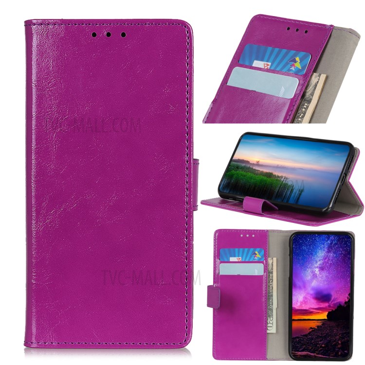 Crazy Horse Leather Wallet Phone Case Cover with Card Slot for Motorola Moto E7 - Purple-1