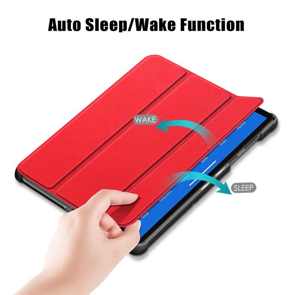 Coureau en Cuir Texturé Tri Fold Stand Board Auto Wake / Sleep Smart Tablet Cover Ultra Slim Pour Lenovo Smart Tab M10 FHD Plus / Tab M10 Plus TB-X606F - Rouge-3